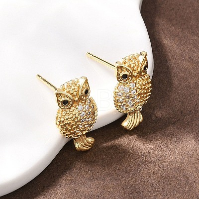 Brass Micro Pave Clear Cubic Zirconia Owl Stud Earrings EJEW-F400-15G-1