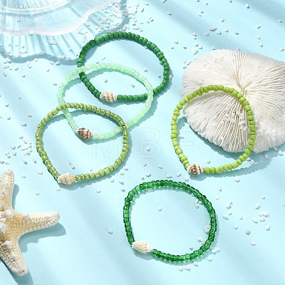 5Pcs Glass Seed Beads & Natural Sea Shell Stretch Bracelets for Women BJEW-JB13922-1