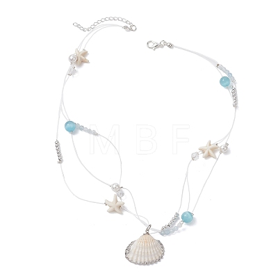 Electroplate Natural Shell Pendant Clear Nylon String 3-Strand Necklaces NJEW-TA00221-1