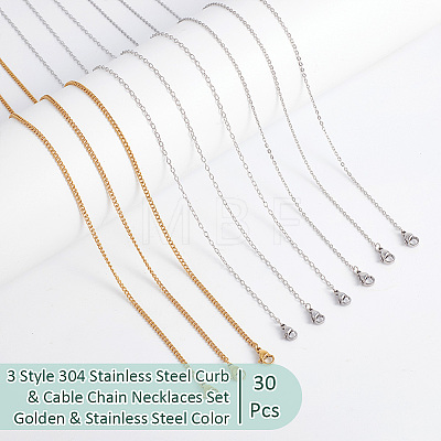  30Pcs 3 Style 304 Stainless Steel Curb & Cable Chain Necklaces Set MAK-NB0001-27-1