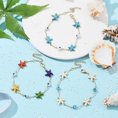 3Pcs 3 Color Glass Evil Eye & Synthetic Turquoise Starfish Link Chain Bracelets Set BJEW-TA00428-1