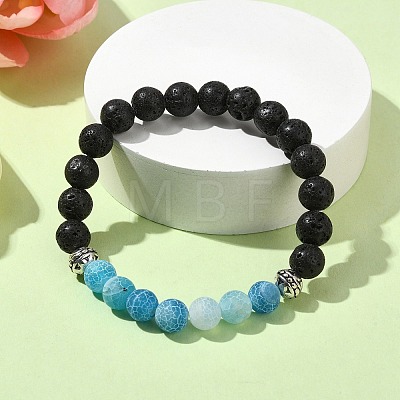 Natural Dyed Crackle Agate & Lava Rock Round Beaded Stretch Bracelet BJEW-TA00444-01-1