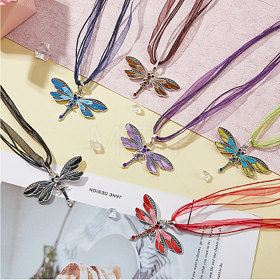 FIBLOOM 6Pcs 6 Colors Alloy Enamel Butterfly Pendant Necklaces Set with Rhinestone NJEW-FI0001-06-1