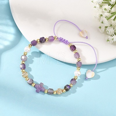 Natural Amethyst Faceted Cube Braided Bead Bracelets BJEW-JB14379-01-1