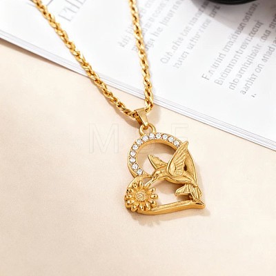 304 Stainless Steel Micro Pave Clear Cubic Zirconia Heart with Flower Bird Pendant Necklaces for Women WG05DAA-01-1
