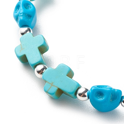Synthetic Turquoise(Dyed) Cross & Skull Beaded Stretch Bracelet BJEW-JB08449-04-1