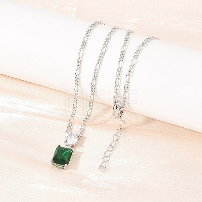 Brass Pave Clear Cubic Zirconia & Green Glass Perfume Bottle Pendant Figaro Chain Necklaces for Women NJEW-F364-02P-1