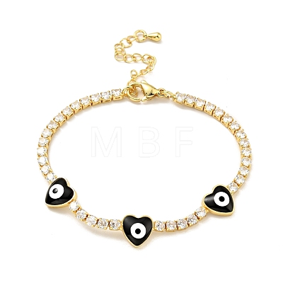 Heart with Evil Eye Enamel Link Bracelet with Clear Cubic Zirconia Tennis Chains BJEW-G650-04G-1
