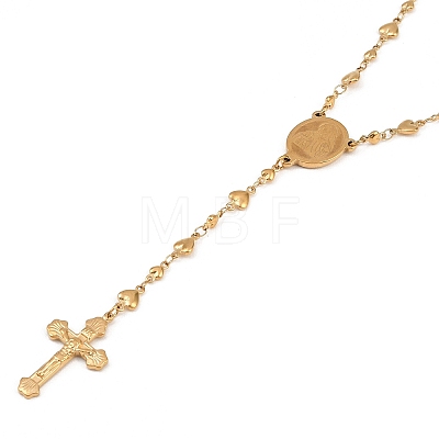 Crucifix Cross with Oval Rosary Bead Necklace NJEW-E070-33G-1-1