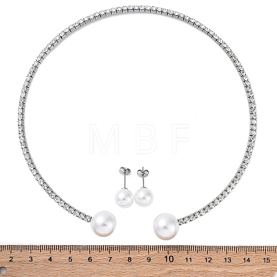 Round Plastic Imitation Pearl Stud Earrings & Rhinestone Cuff Choker Necklaces Sets SJEW-U003-04P-1