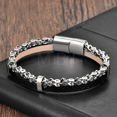 Black Braided mitation Leather & 316L Stainless Steel 2-Strand Bracelets with Magnetic Clasps for Men WGA2BB7-02-1