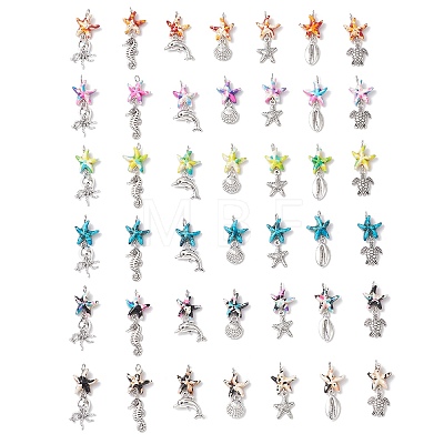 7Pcs 7 Styles Dyed Synthetic Turquoise Starfish & Alloy Sea Animals Pendants PALLOY-JF03754-1