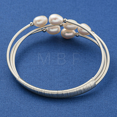 Three-Loops Brass & Natural Freshwater Pearl Beaded Wrap Bracelets for Women BJEW-F470-04S-01-1