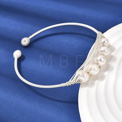Brass Wire Wrapped Natural Pearl Open Cuff Bangles for Women BJEW-D453-03S-1
