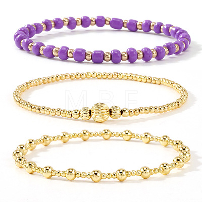 3Pcs Glass & Brass Round Beads Stretch Bracelets HD9470-11-1