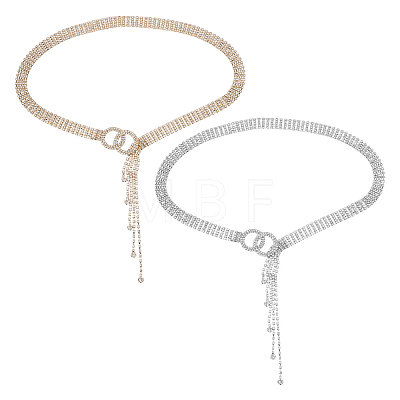 2Pcs 2 Colors Brass & Iron Full Crystal Rhinestone Chain Belts with Double Rings Buckles AJEW-FG0006-30B-1