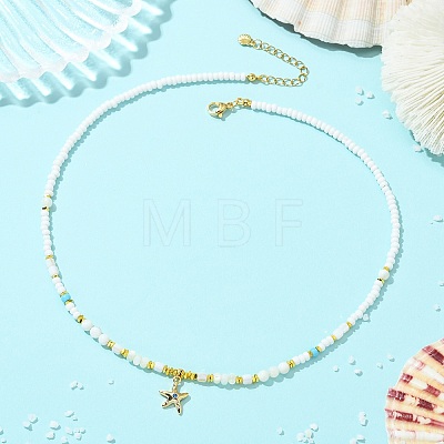 Ocean Brass Pave Blue Cubic Zirconia Sea Animals Pendant Natural Shell and Glass Seed Beaded Necklaces for Women NJEW-JN06345-01-1