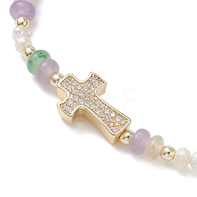 Brass Micro Pave Clear Cubic Zirconia Cross & Natural Pearl & White Jade Rondelle Beads Stretch Bracelets for Women BJEW-JB13114-1