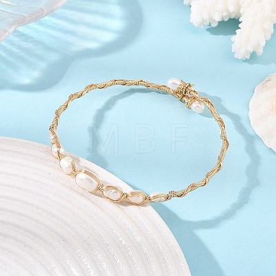 Natural Cultured Freshwater Pearl Rice Graduated Beaded Wire Wrapped Brass Cuff Bangles for Women BJEW-JB14302-1