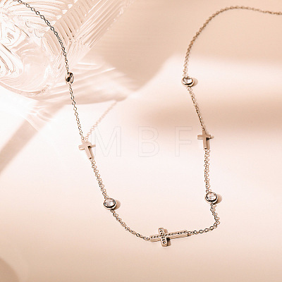 Religion 304 Stainless Steel Pave Clear Cubic Zirconia Cross Link Chain Necklaces for Women WGE3C6C-02-1