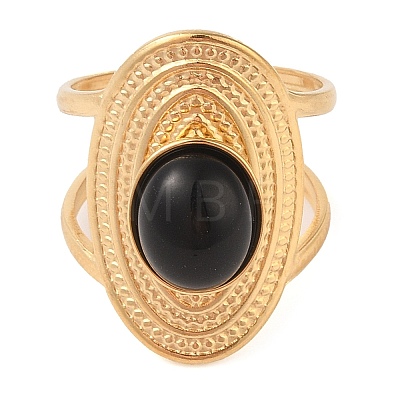 Oval Natural Black Agate Finger Rings RJEW-Z057-14G-010-1