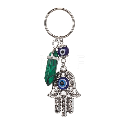 Hamsa Hand with Evil Eye Alloy Enamel Pendant Keychain with Synthetic Mixed Gemstone Bullet KEYC-JKC00605-1