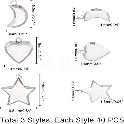 Unicraftale 120Pcs 3 Styles 304 Stainless Steel Pendant Cabochon Settings STAS-UN0020-85P-1