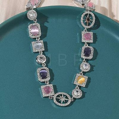 Brass Micro Pave Clear Cubic Zirconia with Multicolor Cat Eye Rectangle Square Oval Tennis Necklaces NJEW-G183-05P-1