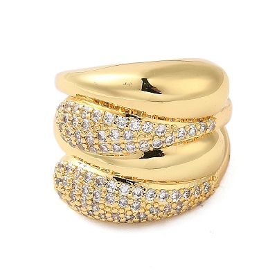 Multi-layer Brass Micro Pave Clear Cubic Zirconia Open Cuff Rings for Women RJEW-A046-16G-1