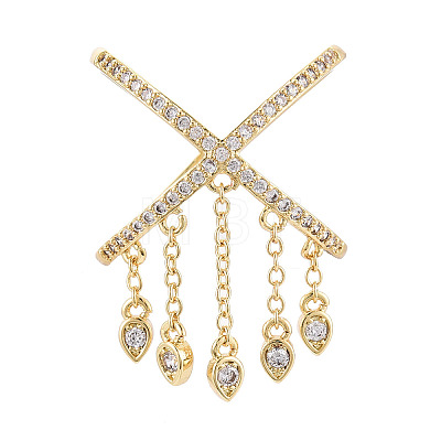 Brass Micro Pave Clear Cubic Zirconia Tassels Cuff Rings KK-T080-01G-1