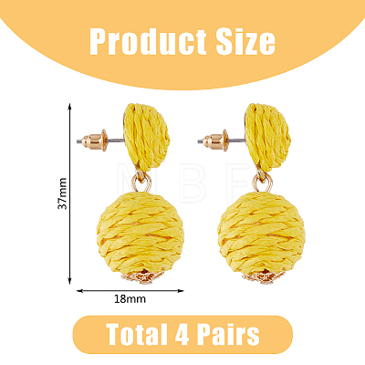 FIBLOOM 4 Pairs 4 Colors Raffia Grass Braided Round Dangle Stud Earrings with Iron Pins for Women EJEW-FI0002-27-1