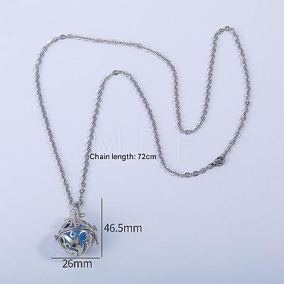 Brass Hollow Round Bead Cage Blue Chime Ball Pendant Necklaces for Women FD1250-1