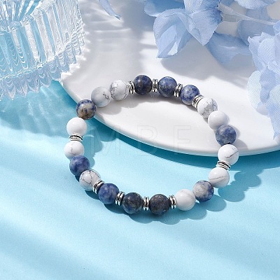 8mm Round Natural Howlite & Blue Spot Jasper Beaded Stretch Bracelets for Women BJEW-TA00529-1