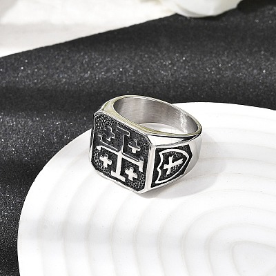 Jerusalem Cross 304 Stainless Steel Finger Rings for Men RJEW-D339-01A-AS-1