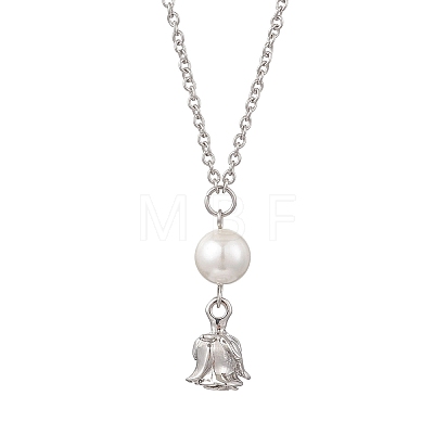 Alloy Rose Flower and Round Shell Pearl Pendant 304 Stainless Steel Cable Chain Necklaces for Women NJEW-JN05759-02-1