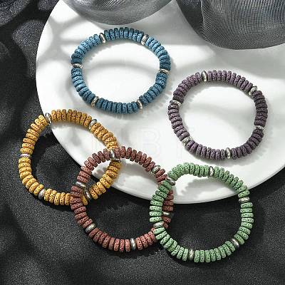 Dyed Natural Lava Rock Flat Round Beaded Stretch Bracelets for Women BJEW-JB09716-1