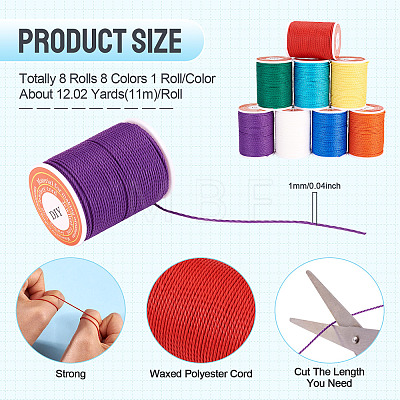 8 Rolls 8 Colors Round Waxed Polyester Cord YC-TA0001-26-1
