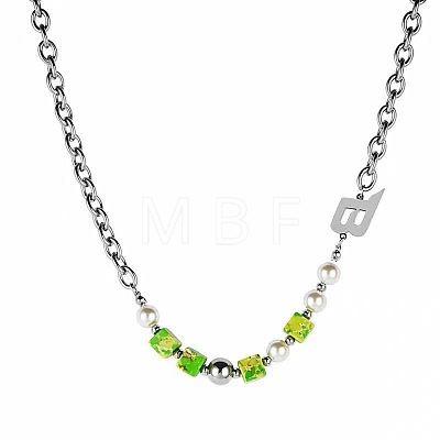 Letter B and Acrylic Lime Green Cube Beaded 201 Stainless Cable Chain Necklaces FS-WG7DFDB-01-1