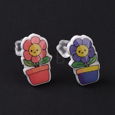 Acrylic Cute Plants Stud Earrings with Plastic Pins EJEW-F293-01A-1