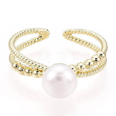 Natural Pearl Double Lines Brass Open Cuff Finger Rings PEAR-N022-C08-1