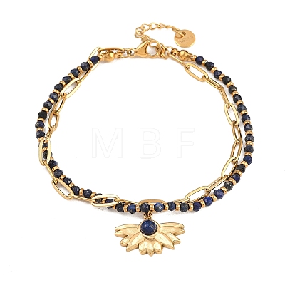 Bohemian 304 Stainless Steel Chain & Natural Lapis Lazuli Beads Double Layers Bracelets BJEW-C150-01G-G-1