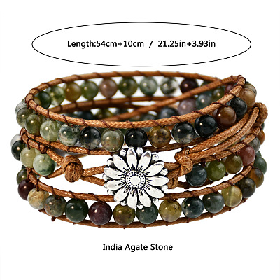 Adjustable Alloy Flower Natural Indian Agate Round Beaded Wrap Bracelets for Women WGB06FC-01-1