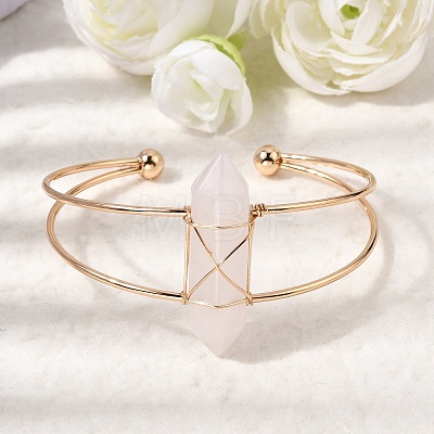 Brass Wire Wrapped Natural Rose Quartz Hexagon Point Cuff Bangles for Women BJEW-L719-01G-01-1