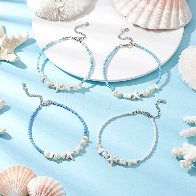 4Pcs 4 Colors Summer Natural Shell & Synthetic Magnesite Star & Glass Seed Beaded Anklets AJEW-AN00680-1