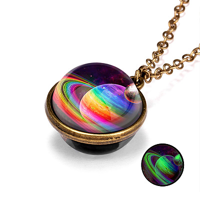 Luminous Glass Planet Pendant Necklace with Antique Golden Alloy Chains PW-WG67491-06-1