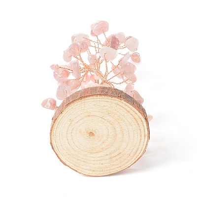 Natural Rose Quartz Chips with Brass Wrapped Wire Money Tree on Wood Base Display Decorations DJEW-B007-05G-1