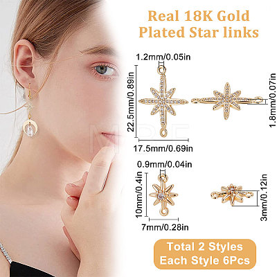 12Pcs 2 Styles Brass Clear Cubic Zirconia Connector Charms KK-BBC0003-06-1