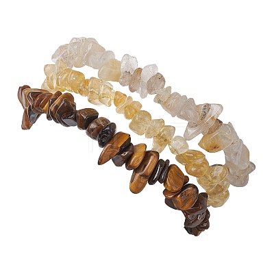 3Pcs Natural Citrine & Natural Tiger Eye & Natural Gold Rutilated Quartz Chip Beaded Stretch Bracelet Sets BJEW-JB10863-1