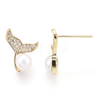 Brass Rhinestone Whale Tail & Natural Pearl Stud Earrings PEAR-N020-05I-1