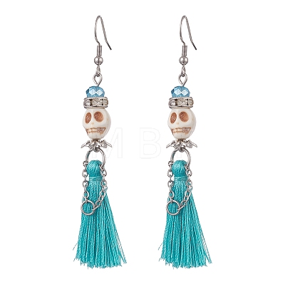 Synthetic Turquoise Skull Dangle Earrings EJEW-TA00235-02-1